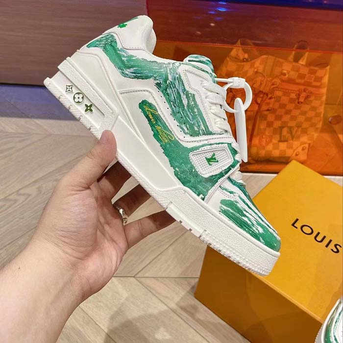 Louis Vuitton LV Unisex Trainer Sneaker Green Printed Calf Leather Rubber Outsole Monogram Flowers