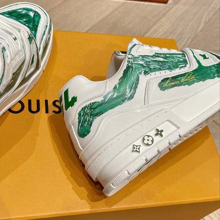 Louis Vuitton LV Unisex Trainer Sneaker Green Printed Calf Leather Rubber Outsole Monogram Flowers