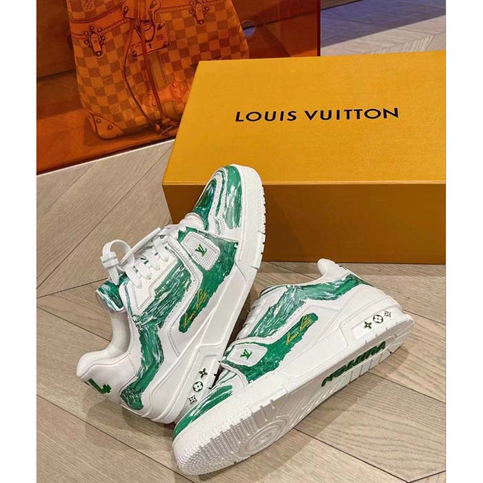 Louis Vuitton LV Unisex Trainer Sneaker Green Printed Calf Leather Rubber Outsole Monogram Flowers