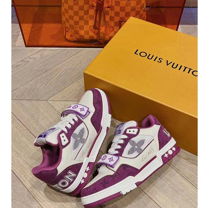 Louis Vuitton LV Unisex Trainer Sneaker Purple Monogram Denim Rubber Outsole Monogram Flower