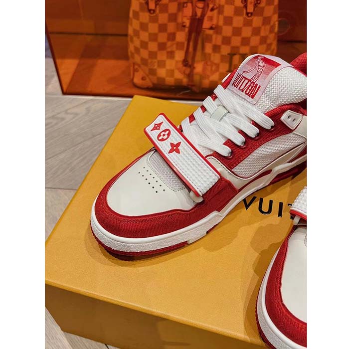 Louis Vuitton LV Unisex Trainer Sneaker Red Monogram Denim Rubber Outsole Monogram Flower