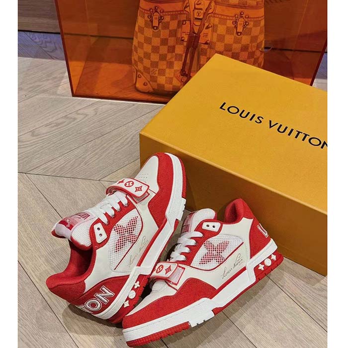 Louis Vuitton LV Unisex Trainer Sneaker Red Monogram Denim Rubber Outsole Monogram Flower