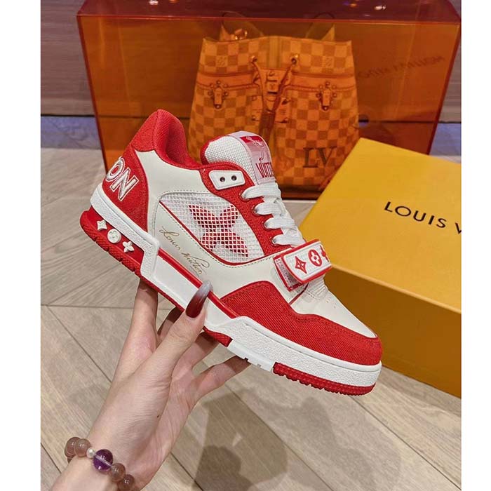 Louis Vuitton LV Unisex Trainer Sneaker Red Monogram Denim Rubber Outsole Monogram Flower