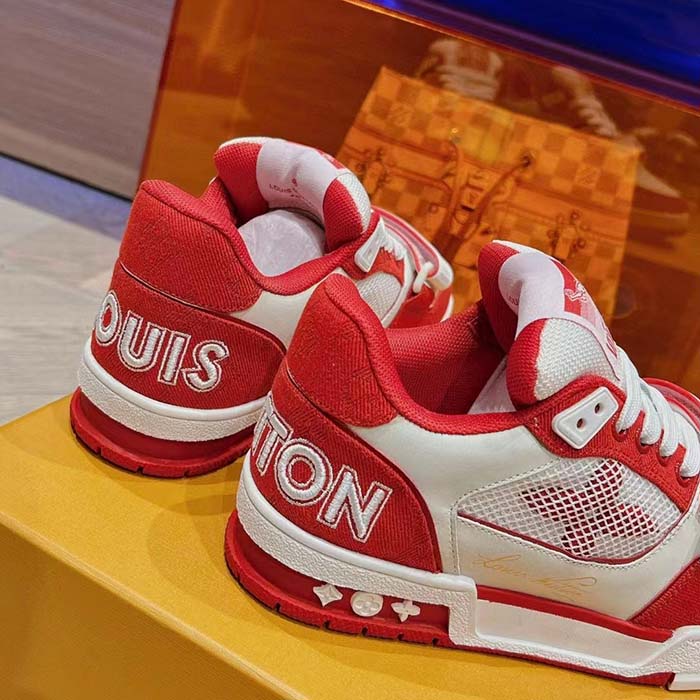 Louis Vuitton LV Unisex Trainer Sneaker Red Monogram Denim Rubber Outsole Monogram Flower