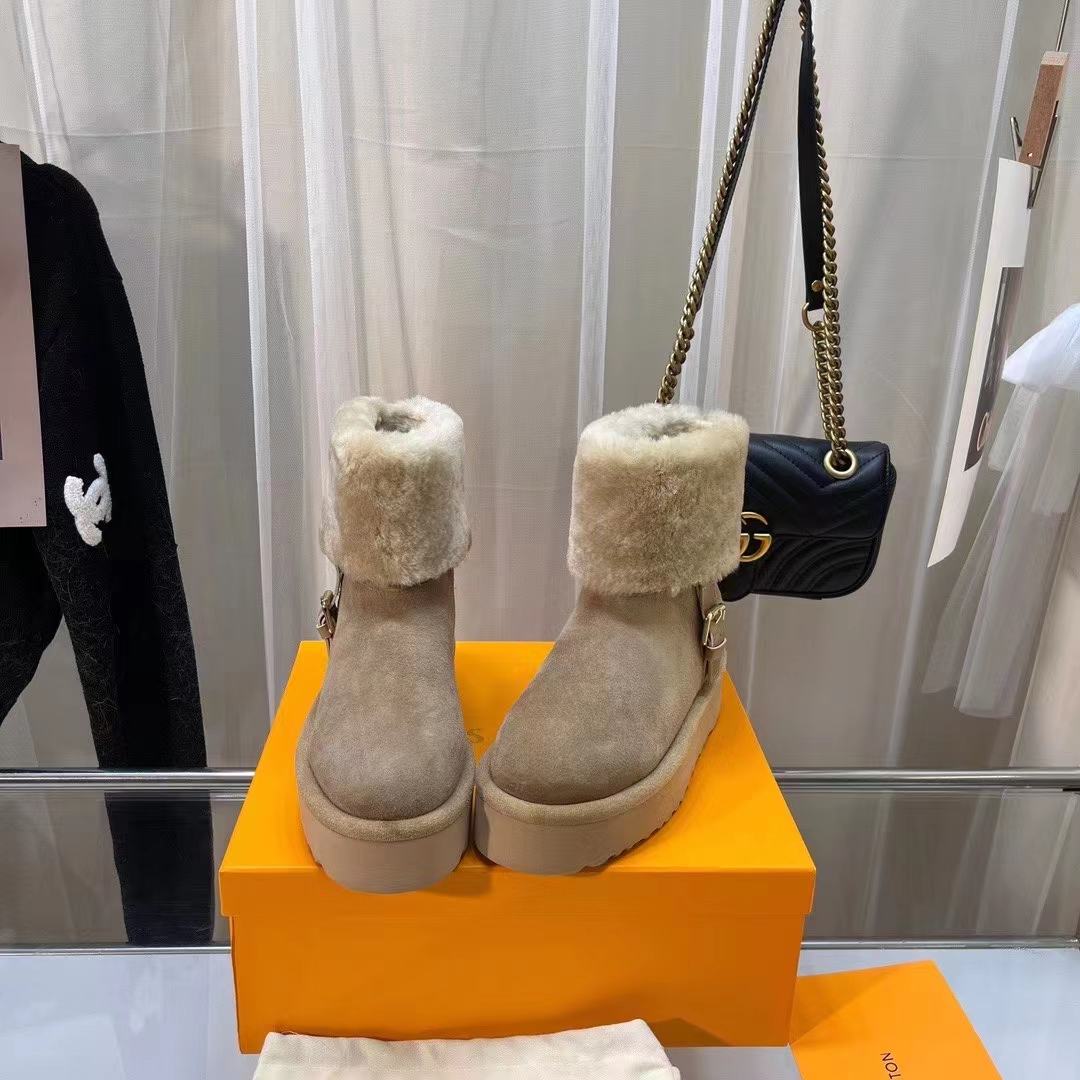 Louis Vuitton LV Women Aspen Platform Ankle Boot Beige Suede Calf Leather Shearling