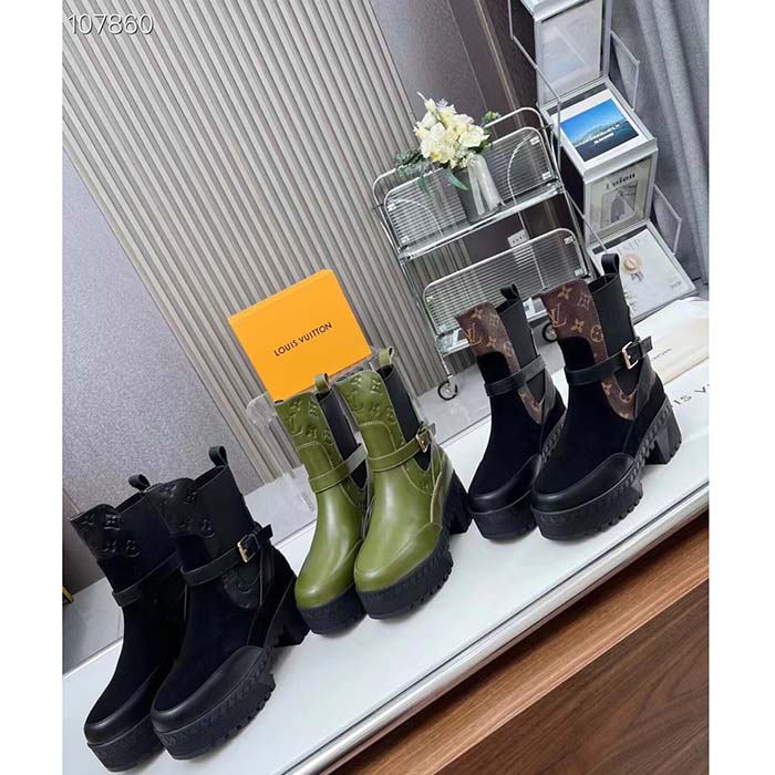 Louis Vuitton LV Women Laureate Platform Chelsea Boot Black Suede Monogram-Debossed Calf Leather