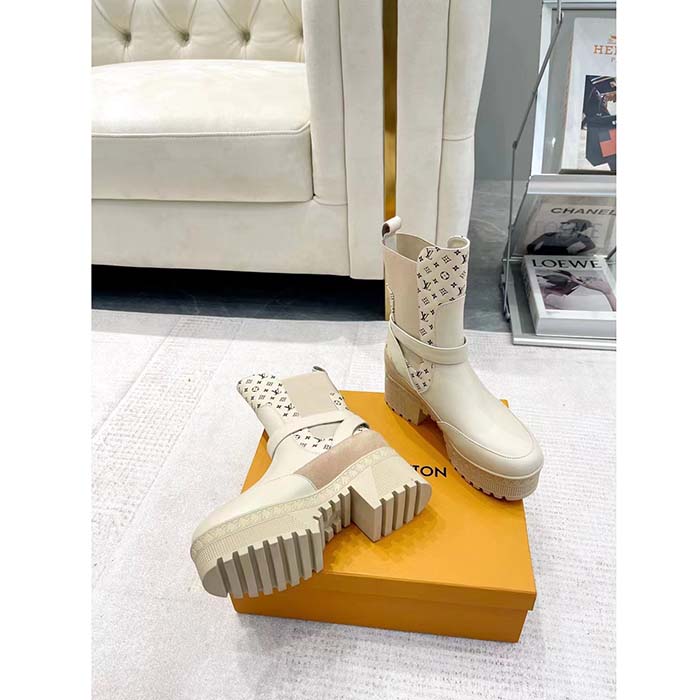 Louis Vuitton LV Women Laureate Platform Desert Boot Beige Calf Leather Treaded Rubber Outsole