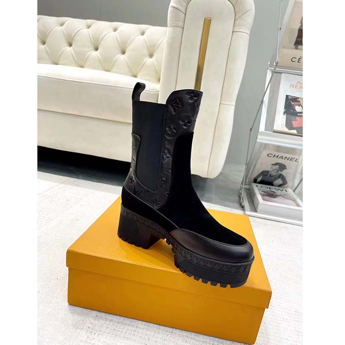 Louis Vuitton LV Women Laureate Platform Desert Boot Black Suede Monogram-Debossed Calf Leather
