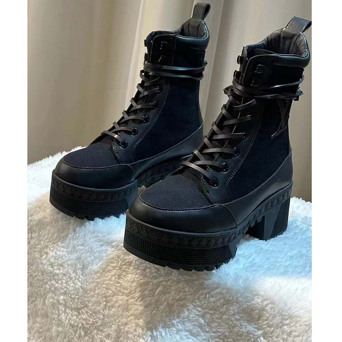 Louis Vuitton LV Women Laureate Platform Desert Boot Black Textile Leather Laces Treaded Rubber
