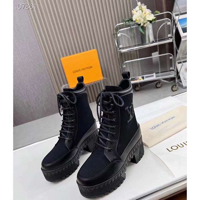 Louis Vuitton LV Women Laureate Platform Desert Boot Black Textile Leather Laces Treaded Rubber