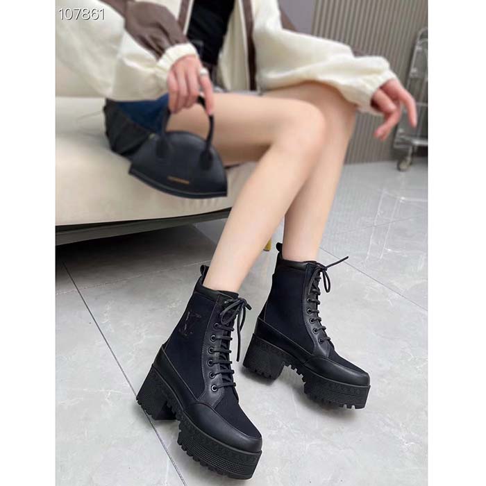 Louis Vuitton LV Women Laureate Platform Desert Boot Black Textile Leather Laces Treaded Rubber