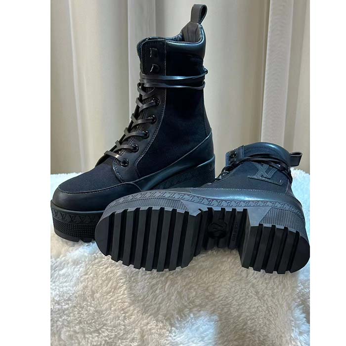 Louis Vuitton LV Women Laureate Platform Desert Boot Black Textile Leather Laces Treaded Rubber