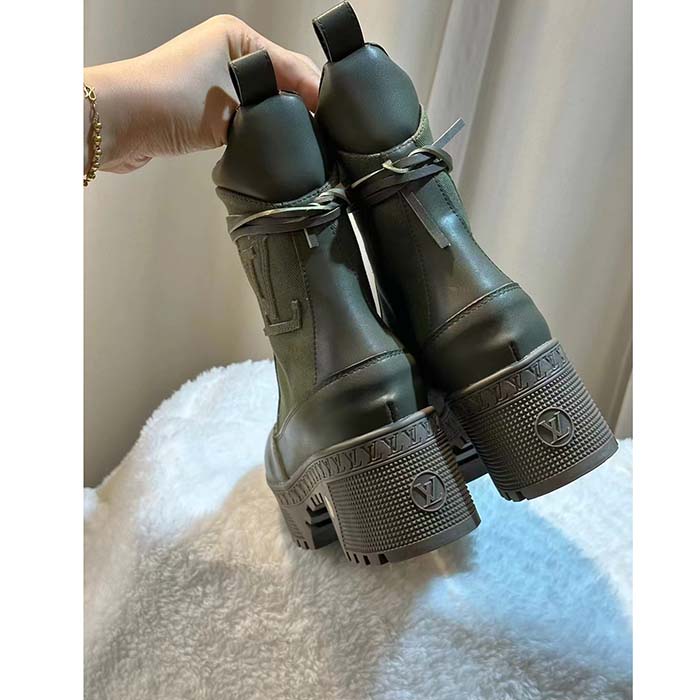 Louis Vuitton LV Women Laureate Platform Desert Boot Khaki Green Textile Leather Laces Treaded Rubber
