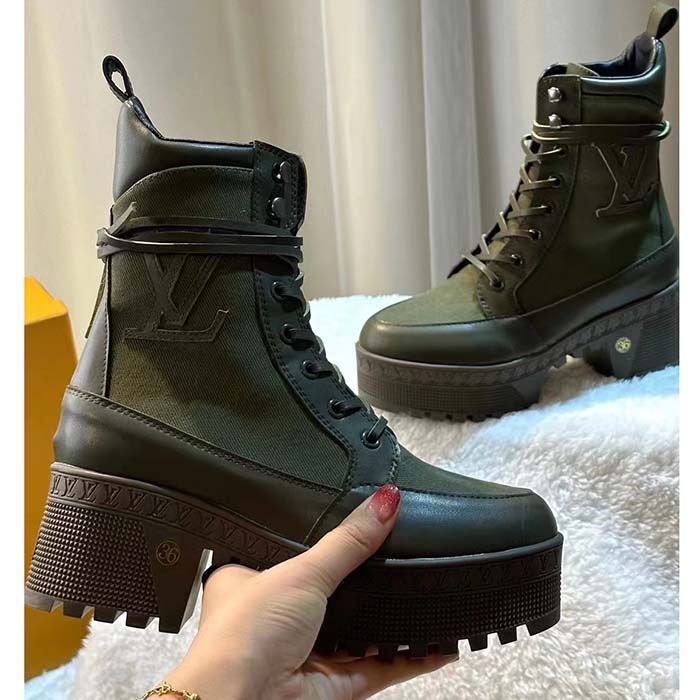Louis Vuitton LV Women Laureate Platform Desert Boot Khaki Green Textile Leather Laces Treaded Rubber