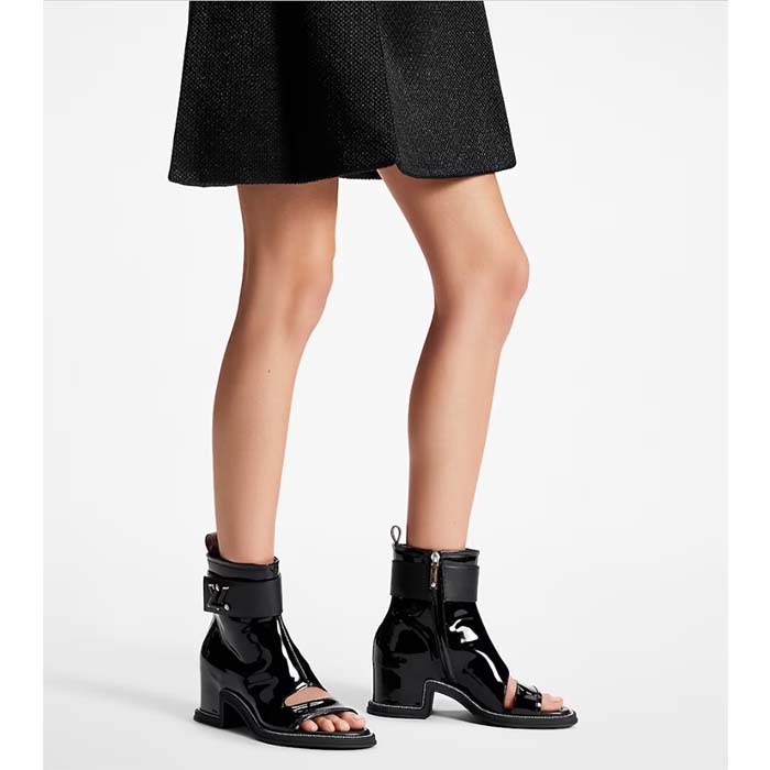 Louis Vuitton LV Women Moonlight Ankle Boot Black Patent Calf Leather Side Zip Padded Footbed Rubber
