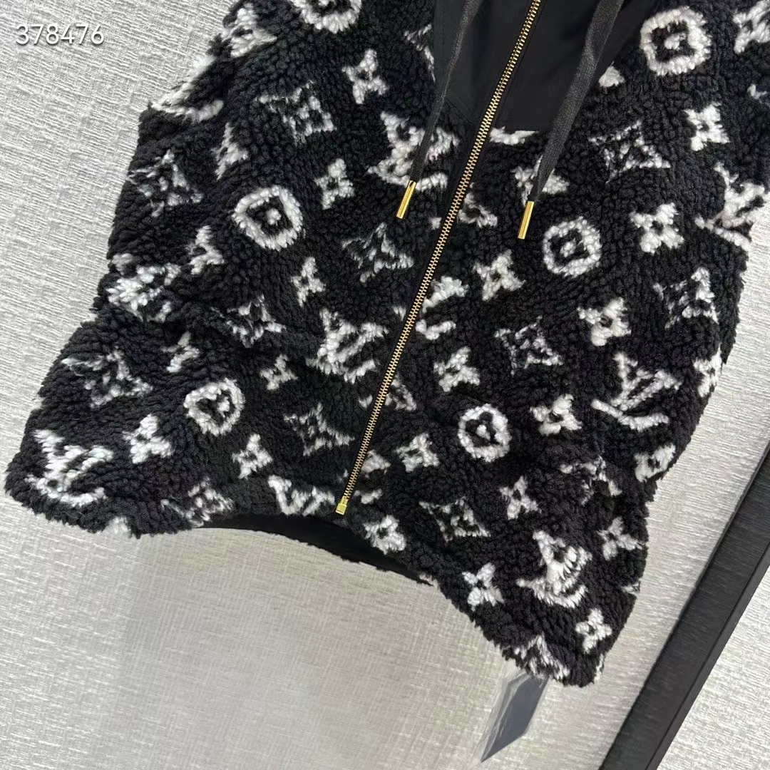 Louis Vuitton LV Men Sleeveless Hooded Monogram Teddy Jacket Acrylic Wool Black White