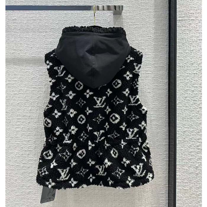 Louis Vuitton LV Men Sleeveless Hooded Monogram Teddy Jacket Acrylic Wool Black White