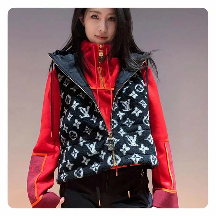Louis Vuitton LV Women Sleeveless Hooded Monogram Teddy Jacket Acrylic Wool Black White