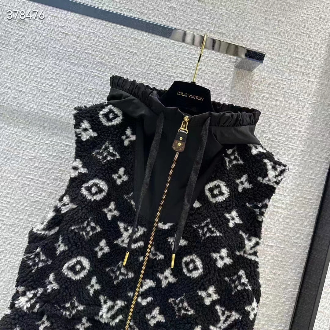 Louis Vuitton LV Men Sleeveless Hooded Monogram Teddy Jacket Acrylic Wool Black White