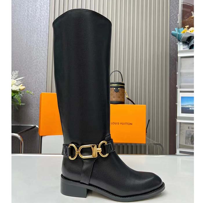 Louis Vuitton LV Women Westside Flat High Boot Black Calf Leather Side Zip