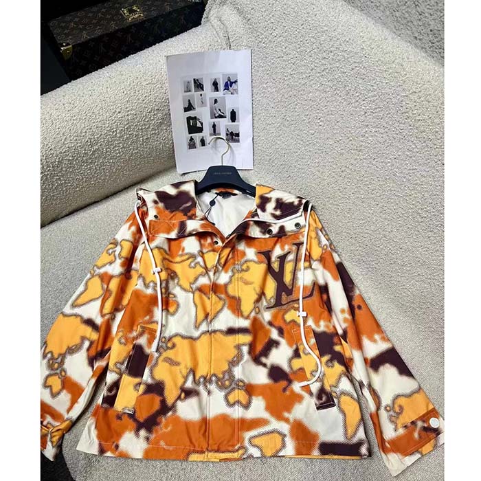 Louis Vuitton Women Cotton Hooded Blouson Regular Fit LV Mappamundi Signature Printed All Over