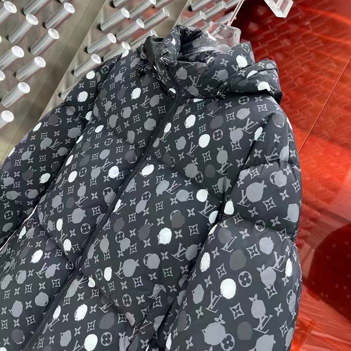 Louis Vuitton Men LV x YK Monogram Painted Dots Down Blouson Regenerated Nylon Grey Oversize Fit