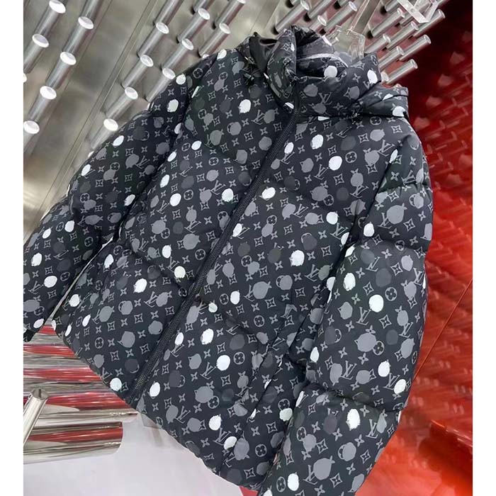 Louis Vuitton Men LV x YK Monogram Painted Dots Down Blouson Regenerated Nylon Grey Oversize Fit