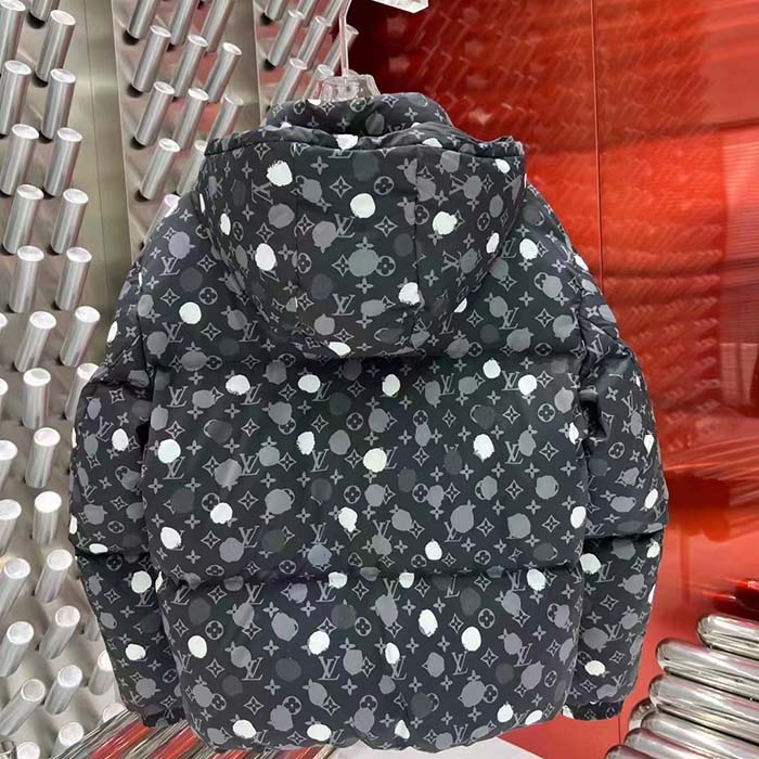 Louis Vuitton Men LV x YK Monogram Painted Dots Down Blouson Regenerated Nylon Grey Oversize Fit