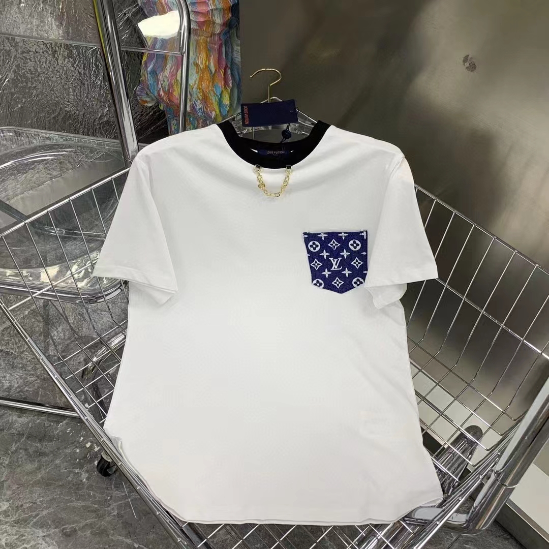 Louis Vuitton Men Monogram Pocket T-Shirt Cotton White Monogram Jacquard Denim LV Golden Chain