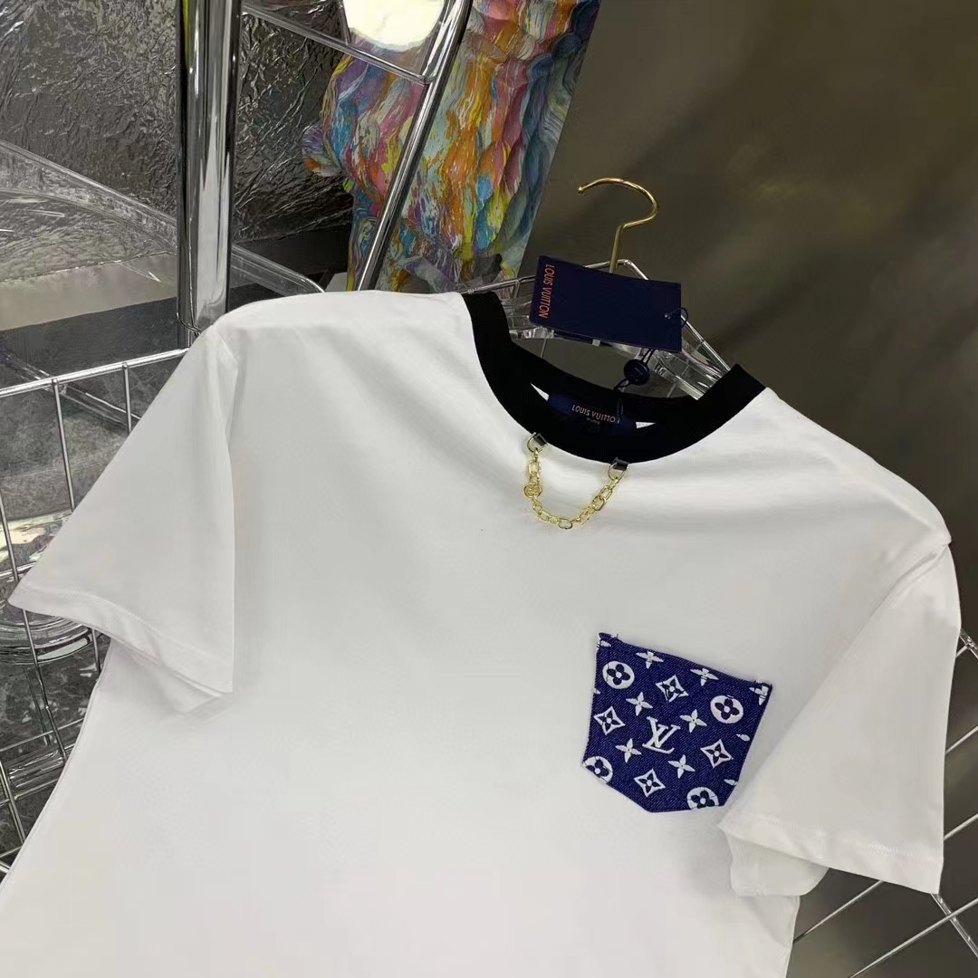 Louis Vuitton Men Monogram Pocket T-Shirt Cotton White Monogram Jacquard Denim LV Golden Chain
