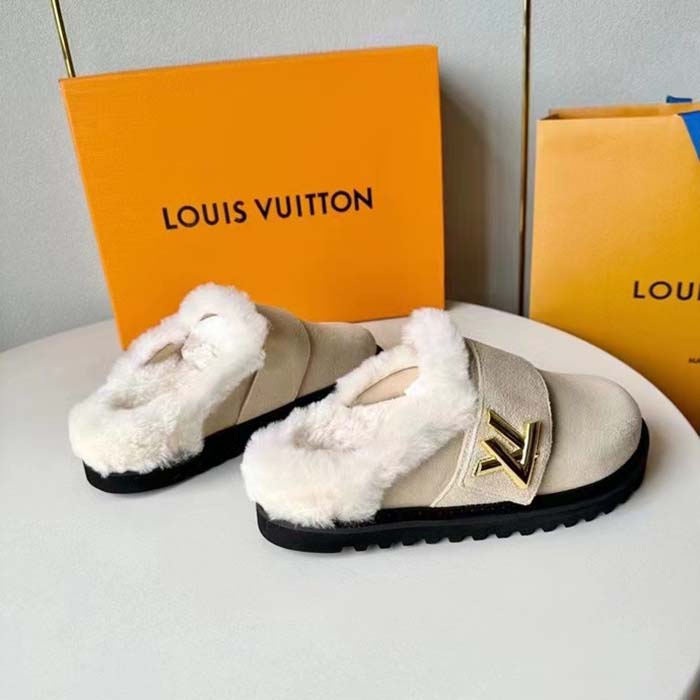 Louis Vuitton Unisex LV Cosy Flat Comfort Clog Natural Suede Calf Leather Shearling