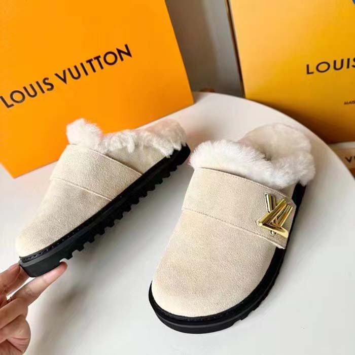 Louis Vuitton Unisex LV Cosy Flat Comfort Clog Natural Suede Calf Leather Shearling
