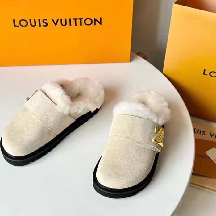Louis Vuitton Unisex LV Cosy Flat Comfort Clog Natural Suede Calf Leather Shearling