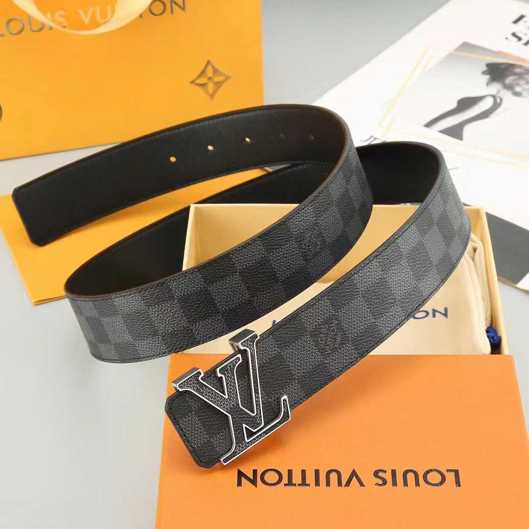 Louis Vuitton Unisex LV Initiales 40 MM Reversible Belt Onyx Black Calf Leather Damier Infini Canvas