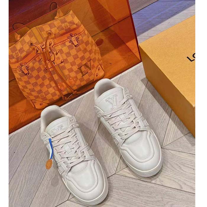 Louis Vuitton Unisex LV Trainer Sneaker Beige Calf Leather Rubber Outsole Monogram Flower