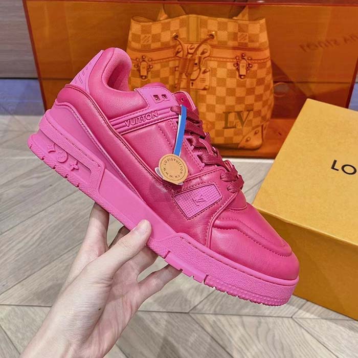 Louis Vuitton Unisex LV Trainer Sneaker Fuchsia Calf Leather Rubber Outsole Monogram Flower