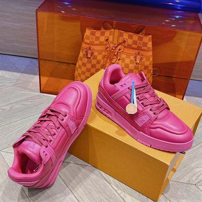 Louis Vuitton Unisex LV Trainer Sneaker Fuchsia Calf Leather Rubber Outsole Monogram Flower