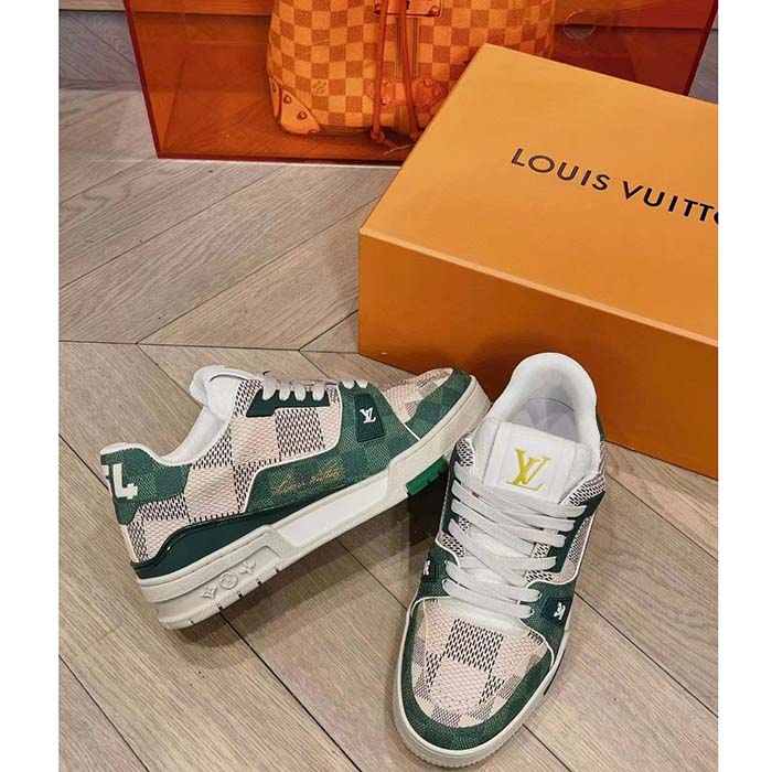 Louis Vuitton Unisex LV Trainer Sneaker Green Damier Grained Calf Leather Rubber Monogram Flowers