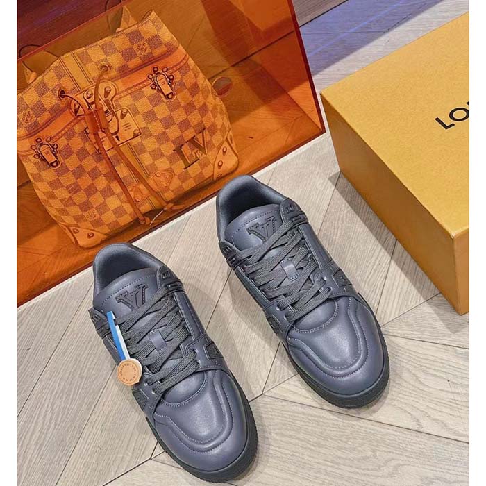 Louis Vuitton Unisex LV Trainer Sneaker Grey Calf Leather Rubber Outsole Monogram Flower