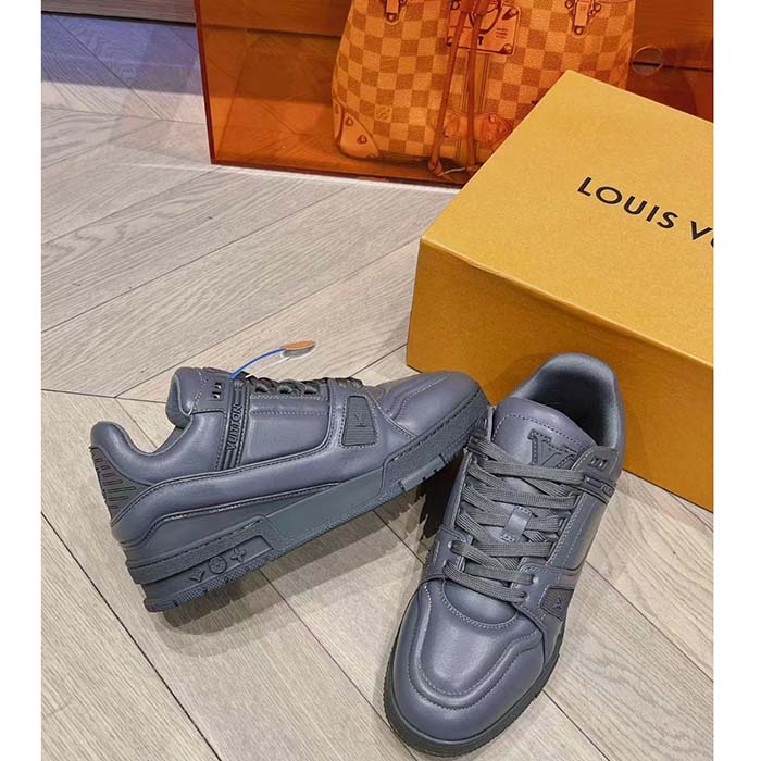 Louis Vuitton Unisex LV Trainer Sneaker Grey Calf Leather Rubber Outsole Monogram Flower
