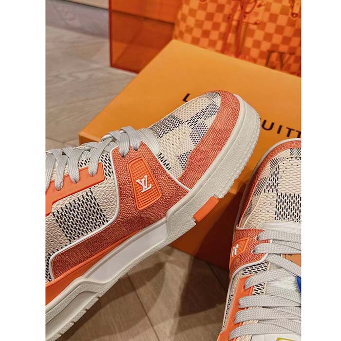 Louis Vuitton Unisex LV Trainer Sneaker Orange Damier Grained Calf Leather Rubber Monogram Flowers