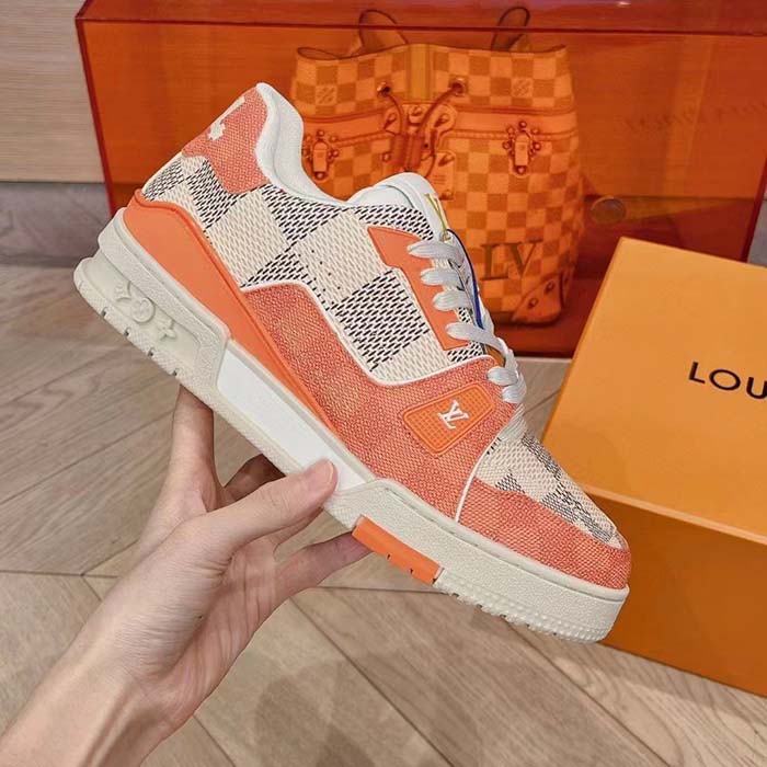 Louis Vuitton Unisex LV Trainer Sneaker Orange Damier Grained Calf Leather Rubber Monogram Flowers