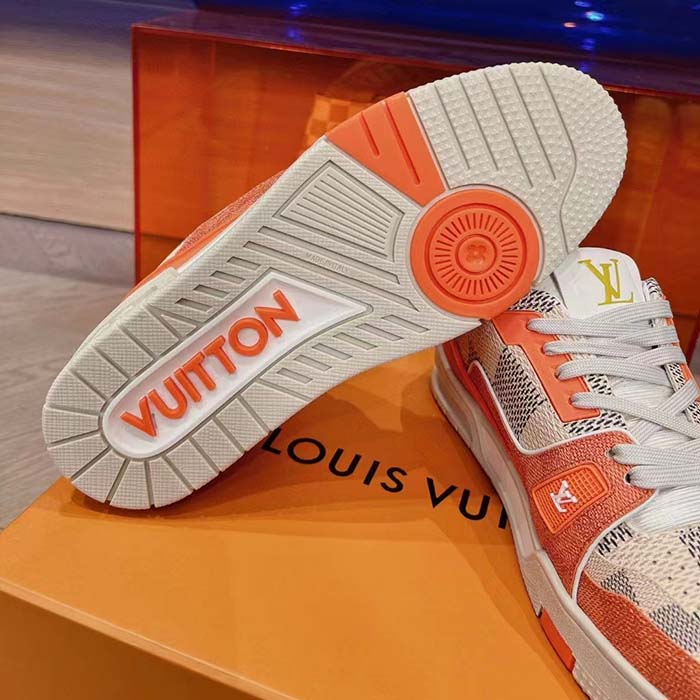 Louis Vuitton Unisex LV Trainer Sneaker Orange Damier Grained Calf Leather Rubber Monogram Flowers