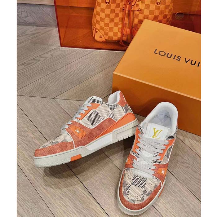 Louis Vuitton Unisex LV Trainer Sneaker Orange Damier Grained Calf Leather Rubber Monogram Flowers