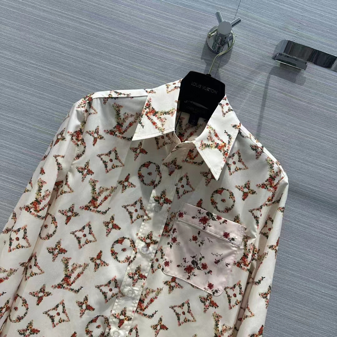 Louis Vuitton Women LV Floral Monogram Pajama Shirt Silk Pink Beige Regular Fit