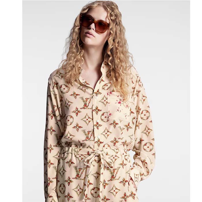 Louis Vuitton Women LV Floral Monogram Pajama Shirt Silk Pink Beige Regular Fit