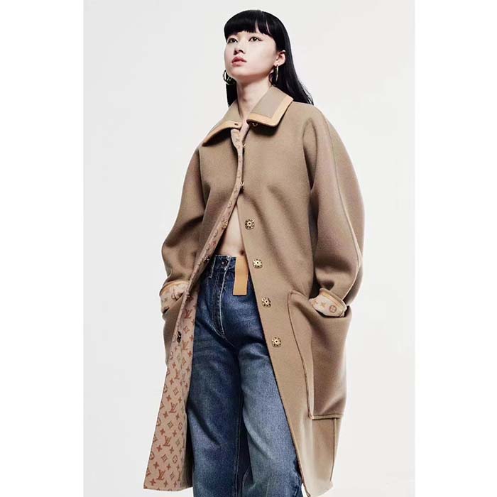 Louis Vuitton Women LV Removable Collar Double Face Coat Wool Silk Ficelle Foncée Brown Regular Fit
