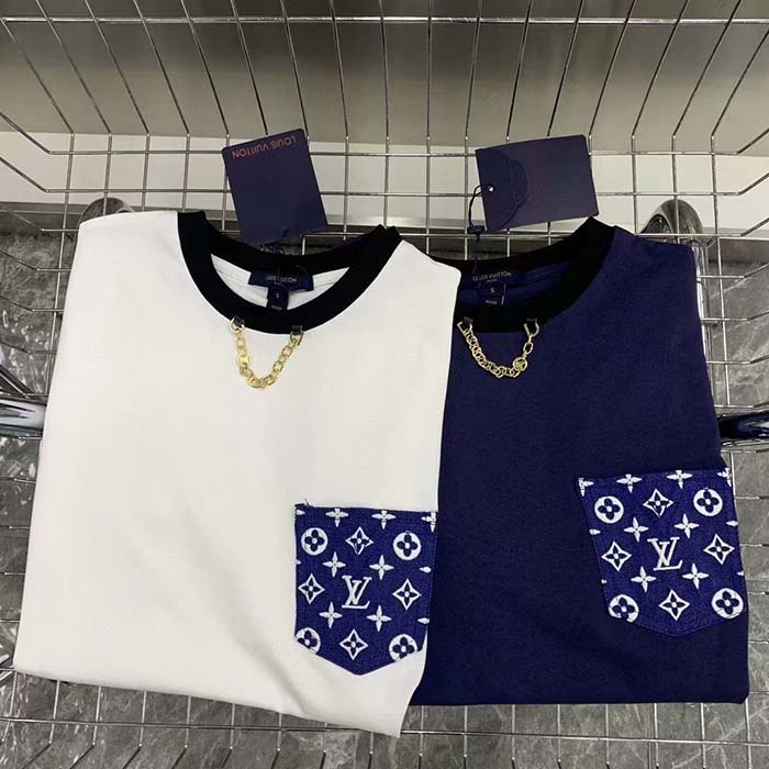 Louis Vuitton Men Monogram Pocket T-Shirt Cotton White Monogram Jacquard Denim LV Golden Chain