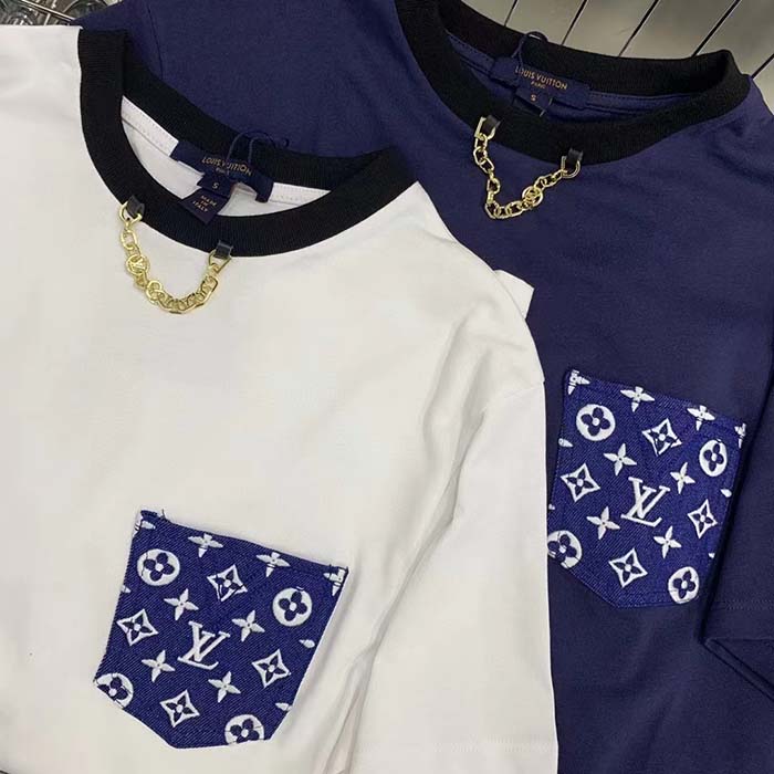 Louis Vuitton Men Monogram Pocket T-Shirt Cotton White Monogram Jacquard Denim LV Golden Chain