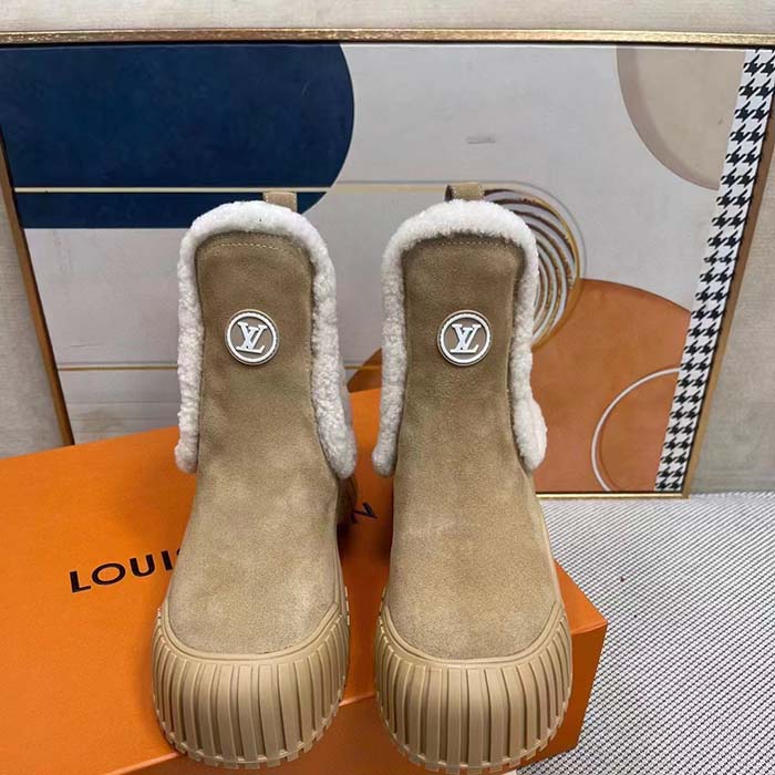 Louis Vuitton Women Shoes LV Ruby Flat Ankle Boot Beige Suede Calf Leather Shearling